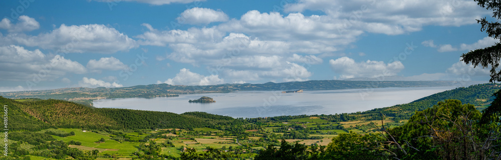 Panoramic view from Montefiascone towards Lake Bolsena Viterbo Italy