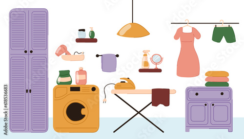 Interior of a home laundry in flat doodle style. Wardrobe, washing machine, ironing board, iron, clothes hanger, laundry and cleaning products. Vector illustration.