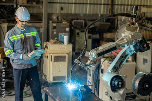 Photography Engineer control robot arm machine welding steel, worker using forcing welding control screen which for precision welding control