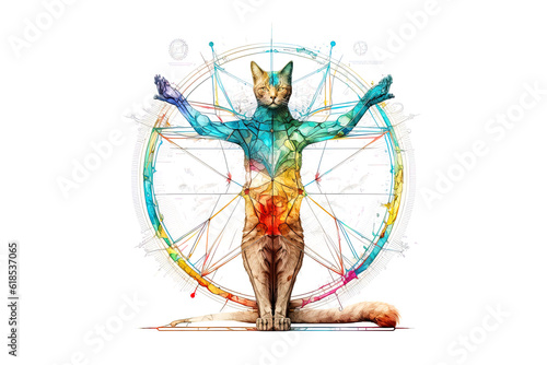 Vitruvian cat painted colored watercolors isolated on a white background. . Generated by AI.