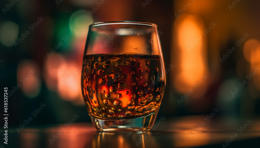 Luxury whiskey glass reflects illuminated celebration flame generated by AI