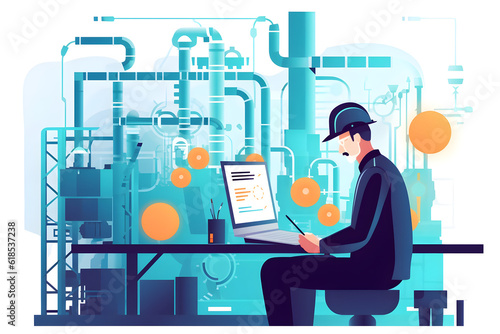 Flat vector illustration production engineer technologist with laptop man works in factory engineer near industrial equipment chemical production master maintains industrial equipment man jobs in chem