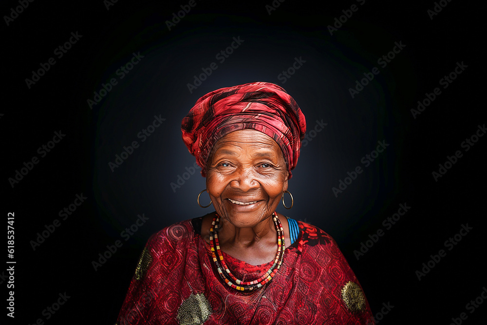 Mature elderly black woman wearing traditional Nigerian clothes. The African American grandmother is in her 90s and has a friendly smile on her face. 
