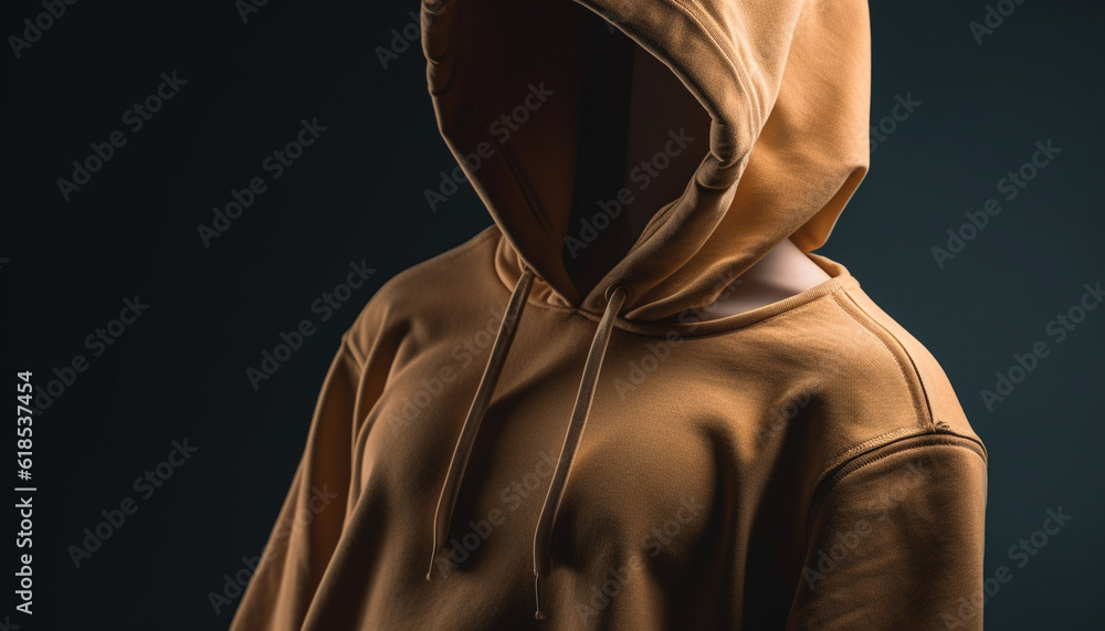Muscular man in black hoodie stands mysteriously generated by AI