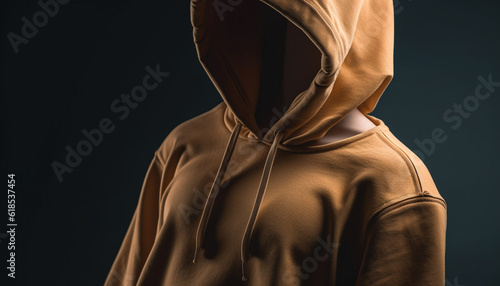 Muscular man in black hoodie stands mysteriously generated by AI