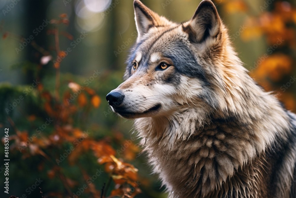 Portrait of grey wolf in forest