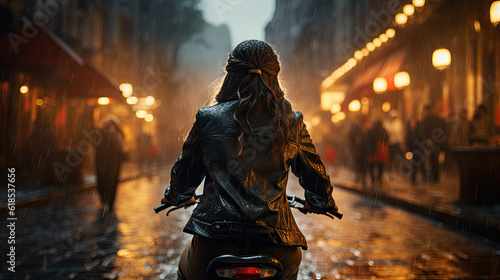 back view on a young woman on a bicycle in rainy weather. orange colors like in autumn. Generative AI