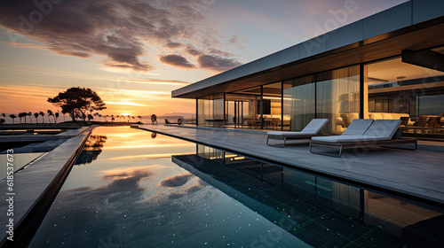 A beautiful, expensive, luxury villa with a large outdoor pool in the evening at sunset. Generative AI © jr-art