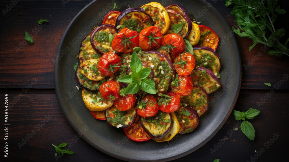 Ratatouille food plate top view a French Provencal dish of stewed vegetables Ratatouille food plate top view a French Provencal dish of stewed vegetables