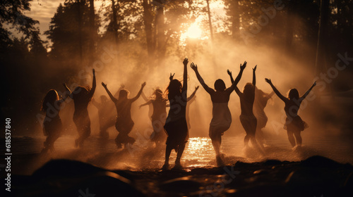 Group of free-spirited men and women performing an ecstatic dance ritual in a forest, soft warm lighting, silhouette effect