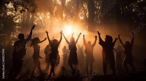 Group of free-spirited men and women performing an ecstatic dance ritual in a forest, soft warm lighting, silhouette effect photo