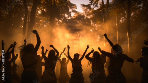 Group of free-spirited men and women performing an ecstatic dance ritual in a forest, soft warm lighting, silhouette effect photo