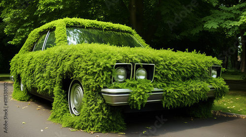 Photo Car recovered with green plants , greenwashing concept