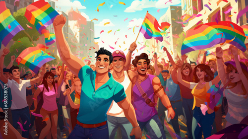 Illustration of the gay pride parade depicting the diversity and joyfulness of the lgbt community photo