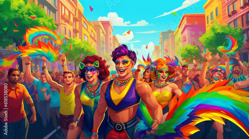 Illustration of the gay pride parade depicting the diversity and joyfulness of the lgbt community