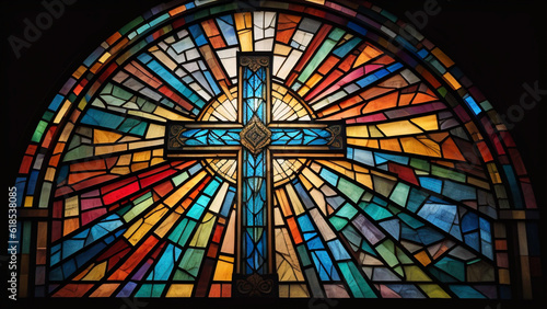 A Christian Cross depicted as a stained glass window