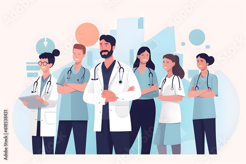 Flat vector illustration portrait nurses and doctors at hospital proud empowered and excited about medical collaboration face healthcare and health expert team united for innovation teamwork and suppo