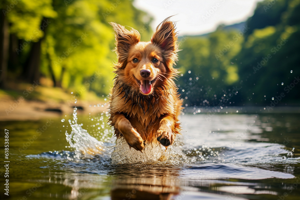 Happy dog running and splashing in river water outside. Energetic, fast pup enjoying nature. Happy dog running and splashing in river water outside. Energetic, fast pup enjoying nature.