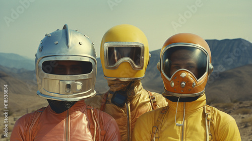 Group of three science fiction actors on set of a cheesy television show or movie in the 1970s. Colorful uniform with helmet and mask.