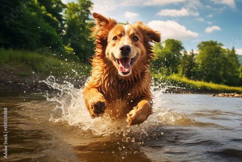 Happy dog running and splashing in river water outside. Energetic, fast pup enjoying nature.
