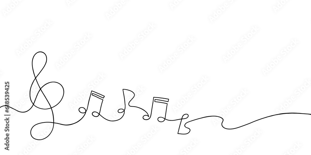 Music notes continuous and treble clef one line drawing. Hand drawn doodle sketch minimalism style. Horizontal Music school banner. One black line art. - obrazy, fototapety, plakaty 