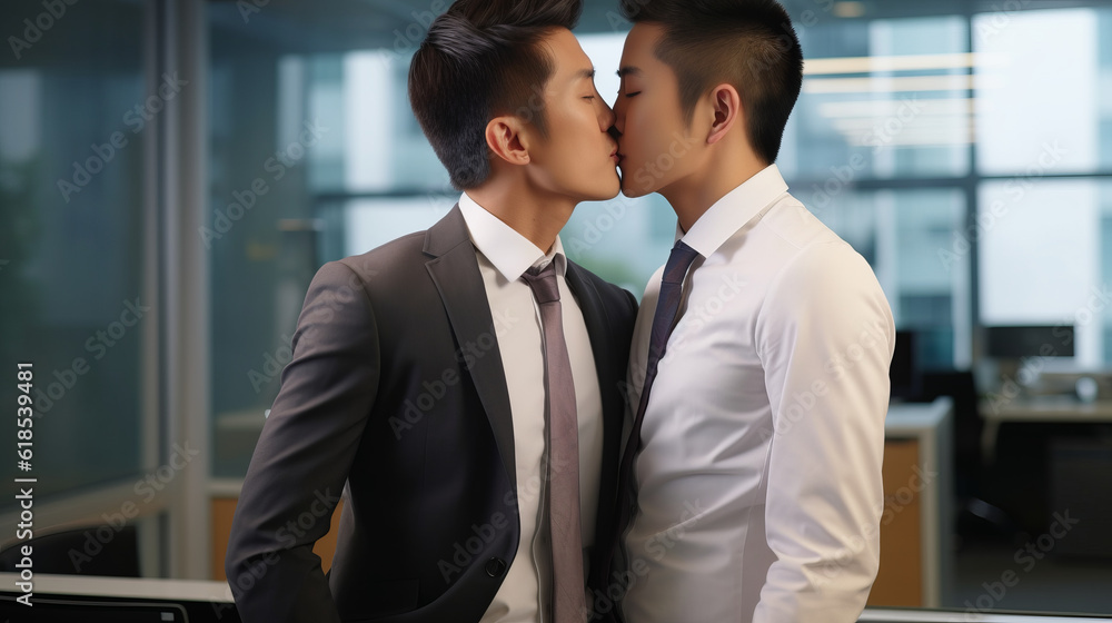 Two strict gay asian businessman kissing standing in an office Two strict gay asian businessman kissing standing in an office