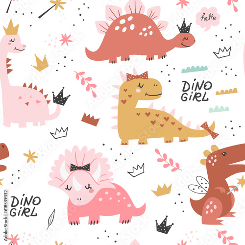 Seamless pattern with cute girl dinosaurs.