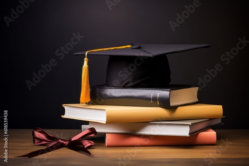 view of stacked books and graduation cap for education day