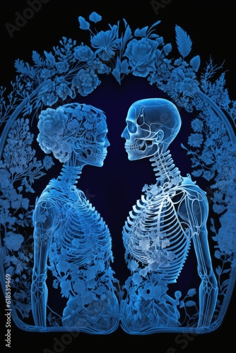 Cyanotype Love: Biomechanical Skeletons Embrace with Floral Crown and Heart 