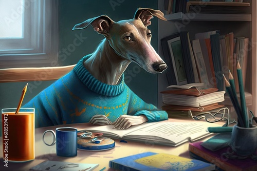 Stylish Whippet in Blue Sweater: Working from Home with a Refreshing Drink 