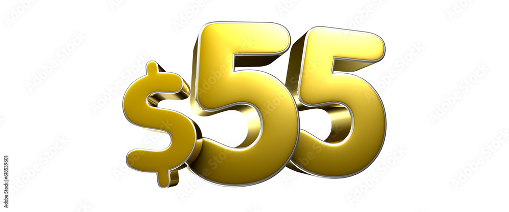 Golden yellow number 55 dollars 3D illustration. Advertising signs. Product design. Product sales. Golden yellow number 55 dollars 3D illustration. Advertising signs. Product design. Product sales.