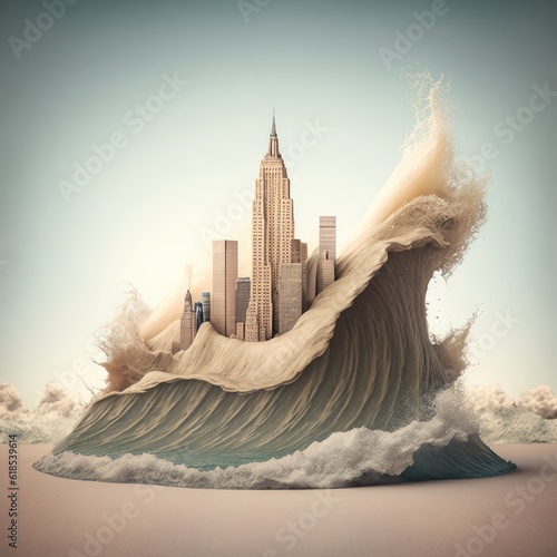 Empire State of Sand: NYC's Iconic Skyline as a Majestic Sand Castle Under a Giant Wave 