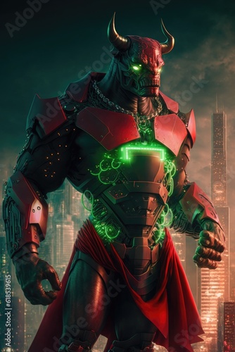 The Cyber Bull: A DMT-Powered Superhero in Red Suit and Cape 