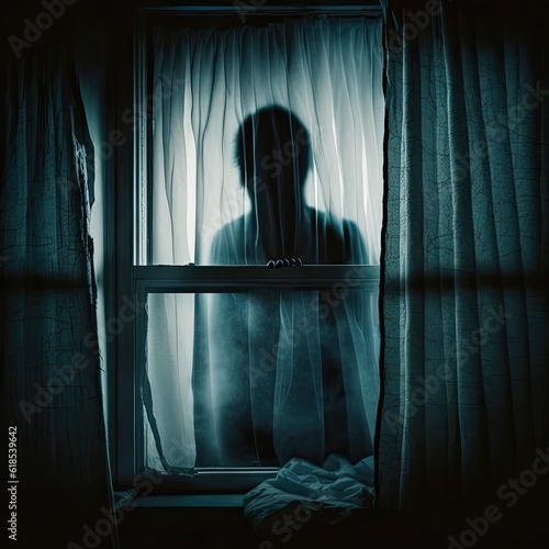 Horror Silhouette in Bedroom Window at Night 