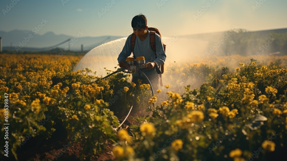 Fototapeta premium Farmer spraying pesticides in the field.