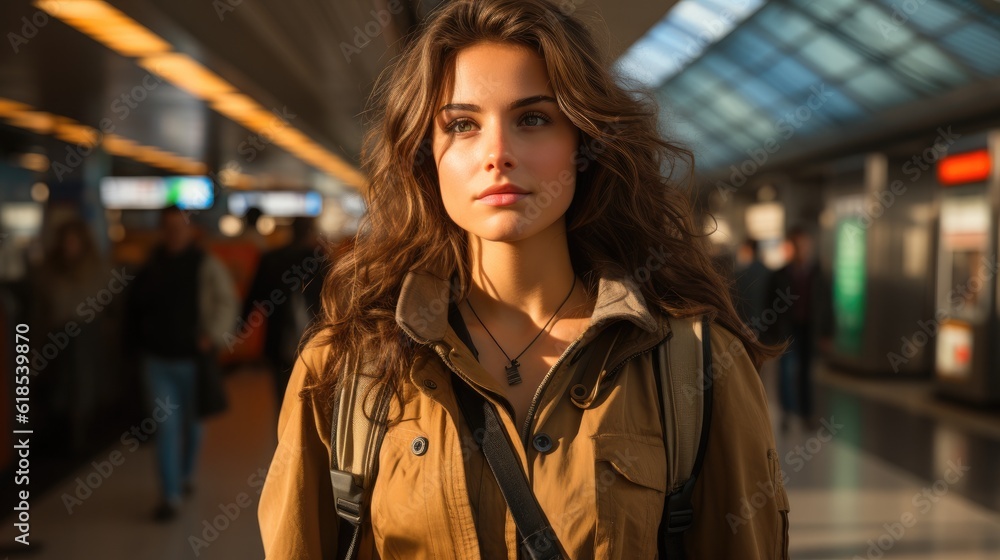 Young female with a suitcase walking at a train station. Young female with a suitcase walking at a train station.