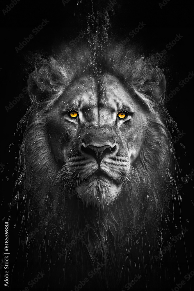 Generated photorealistic image of an African lion with water drops in black and white format