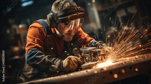 Foto Worker grinding metal, metal grinding machine with sparks, metal sawing