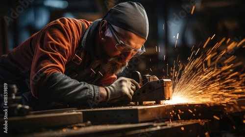 Fotografia Worker grinding metal, metal grinding machine with sparks, metal sawing