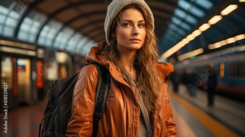 Young female with a suitcase walking at a train station.