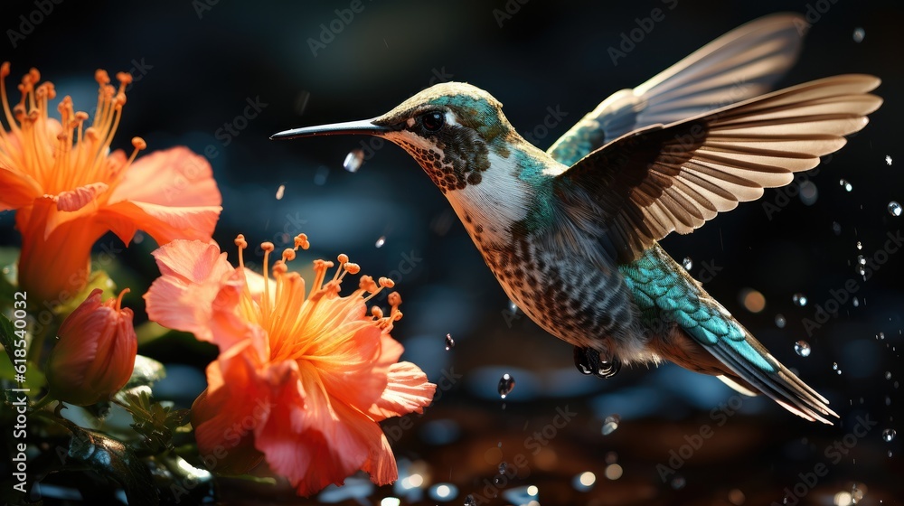 Fototapeta premium A hummingbird getting food from the flower, Wildlife scene from nature.