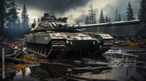 A military tank in a battlefield  Armored tank crosses a mine field during war.