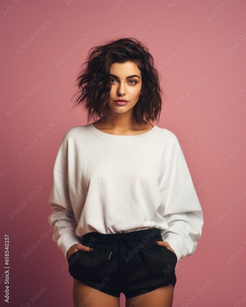 Obraz premium Portrait of a fictional brunette young woman wearing a large white sweatshirt, isolated on a pink background. Generative AI ilustration.