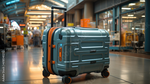 Large polycarbonate suitcase in the airport terminal, travel concept of baggage or luggage.