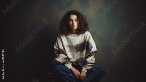 Portrait of a fictional brunette teen in a oversized plaid t-shirt in grunge style. Isolated on dark background. Generative AI illustration.