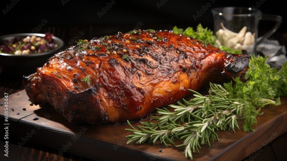 Roasted and cut German pork knuckle eisbein meat on a wooden board.