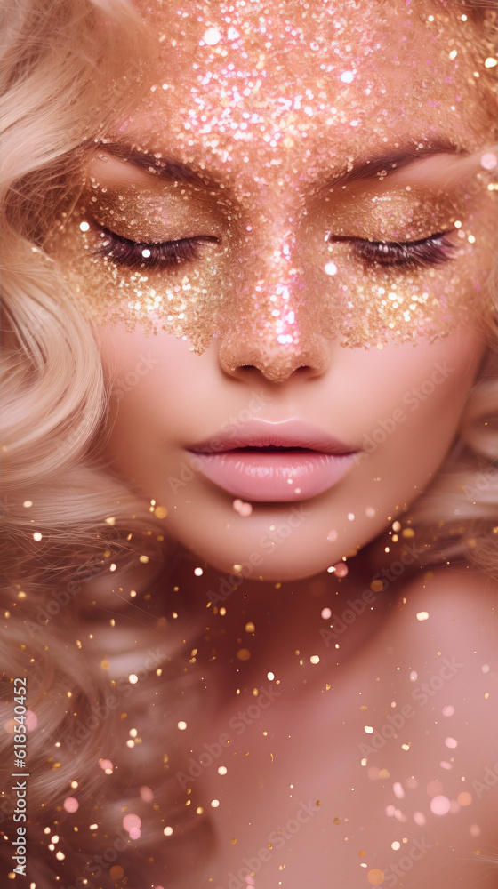 portrait of a woman with blonde wavy hair and pink and golden party glitter makeup