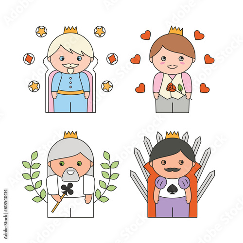 Cute kings in costumes of playing card suits in cartoon style. Diamonds, hearts, Clubs, Spades. Vector