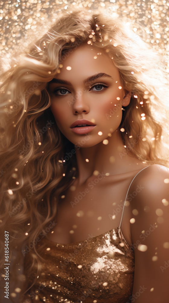 woman with blond wavy hair in golden dress and shimmering confetti woman with blond wavy hair in golden dress and shimmering confetti