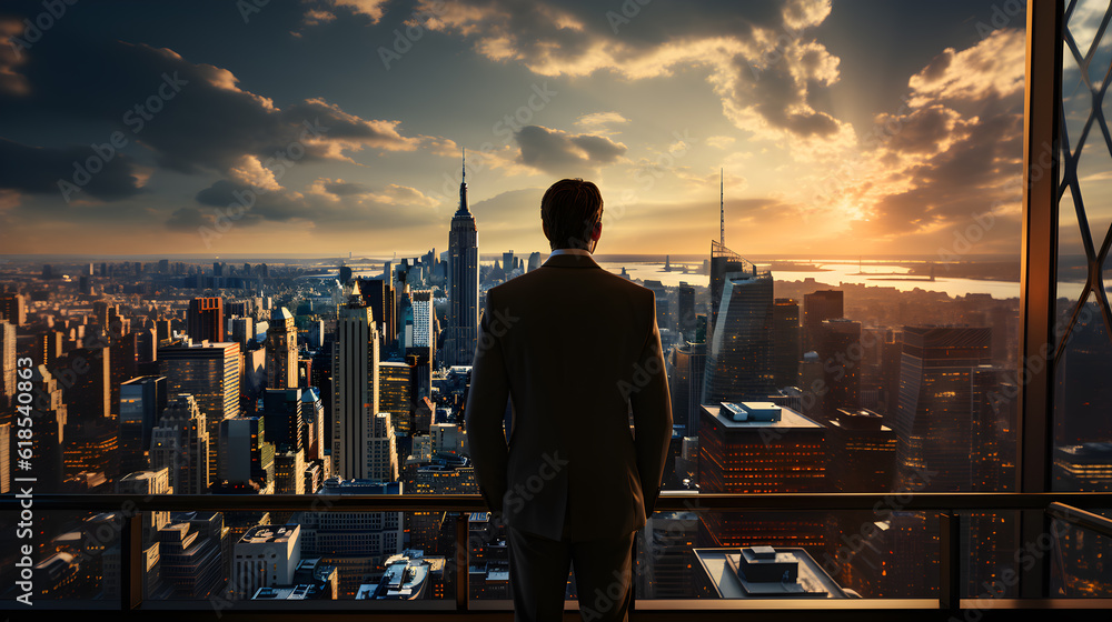 Fototapeta premium Standing tall against panoramic view, businessman is seen from behind, his attention fixed on vibrant cityscape below. cinematic daylight fills room., AI Generated, Generative AI
